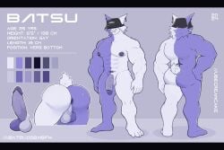 4_toes 5_fingers abs anthro anus balls barcode barcode_tattoo batsu biceps big_balls big_muscles big_penis ear_piercing ear_ring feet fingers fur furgonomic_hat genitals hi_res humanoid_genitalia humanoid_penis male model_sheet multicolored_body muscular muscular_anthro muscular_bottom muscular_male nipple_piercing nipples nude pecs penis piercing presenting presenting_anus purple_body purple_fur purple_nipples ring_piercing small_tail smile solo tail tattoo toes two_tone_body ubecreamcake vein veiny_penis white_body white_fur