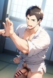 1boy ai_generated bottomless brown_hair dojo hatopo005 idolmaster idolmaster_side-m karate karate_gi male_focus male_only penis robe shingen_seiji solo sportswear