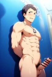 1boy abs against_wall ai_generated arms_behind_back brown_hair hatopo005 idolmaster idolmaster_side-m male_focus male_only nude penis presenting_penis shingen_seiji solo