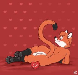 absurd_res anthro ass balls blush canid canine domestic_cat eyewear felid feline felis flirting fox fur genitals hi_res holidays hybrid katxfish lying male mammal orange_body orange_fur paws raised_tail rear_view red_fox simple_background smile solo tail valentine's_day