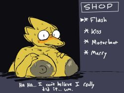 1girls 2d alphys anthro big_breasts big_nipples blush bodily_fluids breasts dialogue embarrassed english_text female female_only game_ui gameplay_mechanics humanoid lizard lizard_girl lizard_humanoid monster nipples nude nude_female reptile scalie solo sweat sweatdrop tagme talking text tg_weaver the_weaver undertale undertale_(series) yellow_body