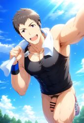 1boy ai_generated bottomless brown_hair earbuds hatopo005 idolmaster idolmaster_side-m male_focus male_only outdoors penis public shingen_seiji solo sportswear sweat tank_top