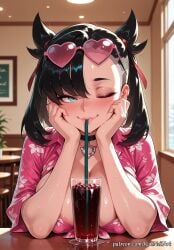 1girls 2025 ai_generated alternate_breast_size aqua_eyes asymmetrical_bangs bangs black_choker black_hair blush breasts choker cleavage covered_nipples cup drink drinking_straw eye_contact eyewear_on_head female female_focus female_only flushed hair_ribbon hawaiian_shirt head_rest heart hi_res highres huge_breasts indoors inside large_breasts looking_at_viewer marnie_(pokemon) medium_hair one_eye_closed patreon patreon_username pokemon pov_across_table red_ribbon restaurant ribbon rognezart shirt smile smiling solo sunglasses sweat sweaty table tied_shirt twintails