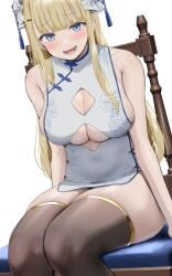 1girls blonde_hair blue_eyes breasts china_dress female huge_breasts large_breasts light-skinned_female light_skin long_hair naughty_face oekakizuki original original_character smile white_background