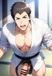 1boy ai_generated bottomless brown_hair dojo hatopo005 idolmaster idolmaster_side-m karate karate_gi male_focus male_only penis robe shingen_seiji solo sportswear