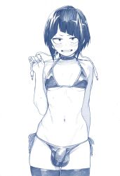 1futa ai_generated bikini embarrassed flaccid futanari kyoka_jiro looking_at_viewer mini_bikini my_hero_academia white_background