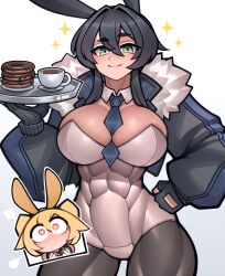 2girls abs big_breasts black_hair blonde_hair breakfast bunny_ears clothed clothing color female female_focus female_only fit_female grey_eyes hi_res jacket large_breasts light-skinned_female light_skin multiple_girls muscles muscular muscular_female original_character roadi3 short_hair solo_female tagme thick_thighs