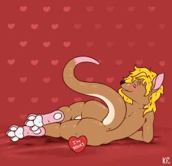 absurd_res anthro ass balls blush brown_body brown_fur eyewear flirting fur genitals glasses hair hi_res holidays kangaroo katxfish long_hair lying macropod male mammal marsupial pawpads paws raised_tail rear_view simple_background smile solo tail valentine's_day