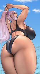 1girls 2021 absurd_res arms_above_head arms_up ass back black_swimsuit blue_eyes breasts eyebrows_visible_through_hair female female_only gigantic_breasts high_ponytail highres huge_ass long_hair long_ponytail looking_at_viewer looking_back mature_female nasty_pink_wife_(pepe_(jonasan)) one-piece_swimsuit open_mouth original outdoors pepe_(jonasan) pink_hair ponytail sky smile solo standing swimsuit tan-skinned_female tan_skin teeth thick_eyebrows tied_hair volleyball volleyball_net