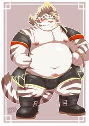 2019 absurd_res anthro balls belly blush bulge clothing eyewear felid fur glasses hi_res humanoid_hands humanoid_penis licho_(tokyo_afterschool_summoners) male male_only mammal moobs navel nipples one_eye_closed overweight overweight_male pantherine penis solo tiger tokyo_afterschool_summoners underwear v2wolf video_games white_body white_fur wink