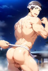 1boy ai_generated anus ass brown_hair festival hatopo005 idolmaster idolmaster_side-m male_focus male_only penis public shingen_seiji solo topless undressing