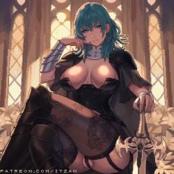 1girls armor artist_name black_thighhighs blue_eyes blue_hair blue_nails boots bracer breasts byleth_(fire_emblem) byleth_(fire_emblem)_(female) fire_emblem fire_emblem:_three_houses garter_straps indoors itzah knee_boots looking_at_viewer medium_breasts medium_hair nail_polish no_shirt panties partially_visible_vulva patreon_username pixel_art planted_sword solo sword sword_of_the_creator thighhighs underwear video weapon