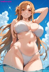 1girls ai_generated arm_behind_back big_breasts bikini bikini_bottom bikini_top bombacopta breasts brown_eyes brown_hair eyebrows eyelashes female female female_focus female_only hand_behind_head highres large_breasts long_hair mature_female midriff navel ocean simple_background sky smile standing sweat sword_art_online thick_hips thick_thighs voluptuous water wet white_bikini yuuki_asuna