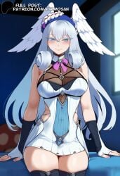 1girls ai_generated blue_eyes dress gray_hair large_breasts legwear long_hair looking_at_viewer melia_antiqua nintendo pointy_chin primosan revealing_clothes smile standing wings_on_head xenoblade_(series) xenoblade_chronicles_3