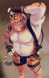 blush bulge clothing epic_games fangs felid fingerless_gloves fortnite fur gloves handwear hi_res jockstrap male male_only mammal marshyymoo musclegut muscular navel nipples oscar_(fortnite) pantherine softestpitbull solo tail teeth tiger underwear