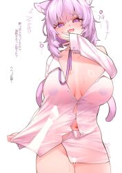 1girls 2024 belly big_breasts breasts cat_ears cleavage collarbone drunk eyebrows eyebrows_visible_through_hair eyelashes hololive hololive_gamers hololive_japan japanese_text looking_at_viewer navel nekomata_okayu no_bra no_panties pasties purple_eyes purple_hair see-through see-through_clothing see-through_shirt see-through_top shirt_only simple_background solo tajo text virtual_youtuber white_background