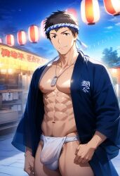 1boy ai_generated brown_hair bulge festival hatopo005 idolmaster idolmaster_side-m male_focus male_only penis public shingen_seiji solo underwear undressing