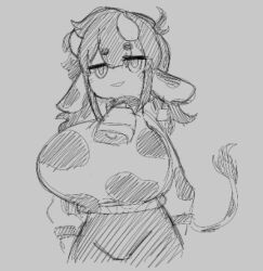 cow_ears cow_tail cowbell horns huge_breasts mochikirb monochrome sketch top_heavy