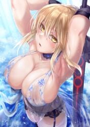 1girls armpits arms_up artoria_pendragon artoria_pendragon_(alter) artoria_pendragon_(lancer_alter) blonde_hair breasts cleavage dress excalibur_morgan fate/grand_order fate_(series) female gloves highres hirasawa_seiji huge_breasts royal_icing solo water yellow_eyes