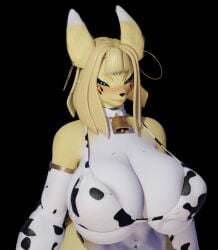 1girls 2020s 2024 3d 3d_(artwork) anthro anthrofied areola areola_slip big_breasts black_sclera blender_(software) blonde_hair blue_eyes blush breasts collar cow_bell cow_bell_collar cow_print cow_print_armwear cow_print_bikini digimon digimon_(species) dogzeela earrings elbow_gloves female female_focus female_only fur furry furry_female furry_only hi_res highres hips hourglass_figure large_breasts midriff navel nipple_bulge short_hair simple_background smile smug smug_face solo solo_female solo_focus taomon taomon_(dogzeela) wide_hips