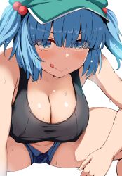 :> :p belko black_tank_top blue_eyes blue_hair blue_shorts breasts cleavage covered_erect_nipples female hair_bobbles hair_ornament hat highres huge_breasts kawashiro_nitori looking_at_viewer nitori_kawashiro short_shorts shorts simple_background solo squatting sweat tank_top thick_thighs thighs tongue tongue_out touhou two_side_up white_background