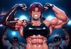 1girls abs ai_generated alternate_muscle_size anger_vein angry angry_face armpit_fetish armpits biceps big_breasts black_lagoon breasts brown_hair choker clenched_teeth elbow_gloves eyebrows female female_only flexing flexing_arms flexing_bicep frown gloopai latex latex_gloves looking_at_viewer muscle muscle_girl muscular muscular_arms muscular_female nai_diffusion revy shaved_armpit solo sweat sweatdrop sweating tattoo tattoos teeth