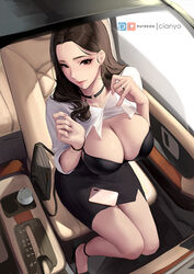 1girls big_breasts black_skirt bra breasts brown_hair business_suit business_woman choker cianyo cleavage female female_only full_cleavage high_heels large_breasts long_hair looking_at_viewer miniskirt office_lady pencil_skirt skirt skirt_suit solo tight_skirt white_shirt