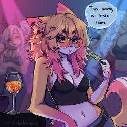 anakoluth anthro belly belly_button blonde_female blonde_hair breasts canine clothing crop_top dog_girl drinking english_text female food furry furry_female glasses leaning_on_elbow medium_breasts pants party piercing piercings