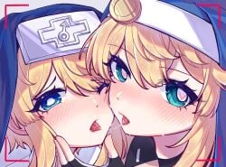 2boys 2femboys after_kiss androgyne_symbol androgynous aqua_eyes arc_system_works blonde_hair blue_eyes blush blush_lines bridget cheek-to-cheek close-up drooling eyebrows_visible_through_hair eyelashes femboy femboysub fingerless_gloves guilty_gear guilty_gear_strive guilty_gear_xx habit hand_on_another's_chin hand_on_chin heart-shaped_pupils horeyearth looking_at_viewer male male_only male_symbol malesub medium_hair one_eye_closed saliva saliva_on_tongue saliva_trail selfcest square_crossover sweat symbol-shaped_pupils tongue trap wavy_eyes yaoi younger_self