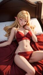 1girls ai_generated asleep bed big_breasts blonde_hair bra cameltoe cleavage closed_eyes clothing cortezian_generations female genshin_impact hard_nipples hi_res klee_(genshin_impact) lingerie panties patreon sleeping solo thighs