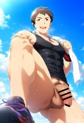 1boy ai_generated anus ass bottomless brown_hair earbuds hatopo005 idolmaster idolmaster_side-m male_focus male_only outdoors penis public shingen_seiji solo sportswear sweat tank_top