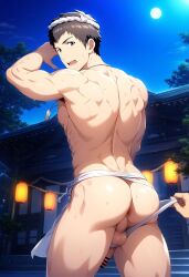 1boy ai_generated brown_hair festival hatopo005 idolmaster idolmaster_side-m male_focus male_only penis public shingen_seiji solo undressing