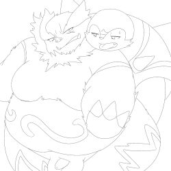 anthro balls belly chesnaught duo emboar flaccid foreskin generation_5_pokemon generation_6_pokemon genitals groping_from_behind hi_res kemoduelist line_art male male/male moobs nintendo overweight penis pokemon pokemon_(species)