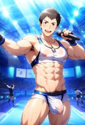 1boy ai_generated armpits brown_hair bulge gloves hatopo005 idol idolmaster idolmaster_side-m male male_focus male_only microphone pecs presenting public shingen_seiji singing solo solo_focus stage