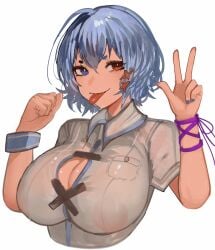 blue_eyes blue_hair blue_nails breasts cleavage clenched_hand closed_mouth collared_shirt covered_erect_nipples female heterochromia highres kogasa_tatara large_breasts looking_at_viewer red_eyes see-through see-through_shirt shirt short_hair simple_background smile solo tatara_kogasa tomatolover16 tongue tongue_out touhou w white_background