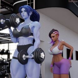 2girls 3d abs after_punishment after_spanking amelie_lacroix ass big_ass big_breasts black_fingernails black_nails black_thong blizzard_entertainment blue_hair dark-skinned_female dark_skin elbow_sleeve female female_only fit fit_female gym hand_print hand_print_on_ass hand_print_on_butt looking_at_viewer multiple_girls muscular muscular_female muscular_thighs no_pants oiled oiled_skin oily olivia_colomar overwatch overwatch_2 ponytail purple-skinned_female purple_skin sombra sports_bikini sports_bra tattoo tattoo_on_stomach thick_thighs thong thunder_thighs vonsvaigen wide_hips widowmaker yellow_eyes