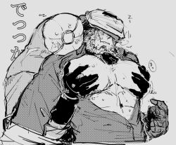 2boys bara beard bidou big_pecs facial_hair gay groping groping_from_behind groping_pecs headgear headwear helmet made_in_abyss male male_only mask masked masked_male monochrome muscular muscular_male open_shirt pec_grab pec_grasp pecs umai_hoya umbra_hands upper_body yaoi