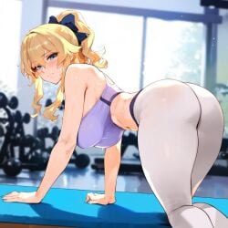 1girls ai_generated all_fours ass bare_arms big_ass blonde_hair blue_eyes breasts exercise female female_only fit_female genshin_impact gym_clothes gym_uniform hanging_breasts hi_res jean_gunnhildr light-skinned_female light_skin looking_at_viewer mature_female midriff ponytail sports_bra stable_diffusion sweat sweaty_body thick_thighs thighs truckkunart underboob yoga_pants