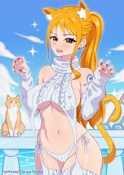 1girls animal artist_name bare_shoulders bare_thighs big_breasts blush boat cat_ears cat_nami cat_tail catgirl clothed clothing color detailed elpipe3000 feline female female_focus female_only hi_res large_breasts light-skinned_female light_skin long_hair looking_at_viewer looking_pleasured nami nami_(one_piece) navel nipples_visible_through_clothing ocean one_piece orange_eyes orange_hair outdoors outside patreon patreon_username post-timeskip ribbon sea shounen_jump slutty_outfit solo solo_female sweater tagme tattoo thick_thighs virgin_destroyer_sweater water