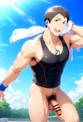 1boy ai_generated bottomless brown_hair earbuds hatopo005 idolmaster idolmaster_side-m male_focus male_only outdoors penis public shingen_seiji solo sportswear sweat tank_top