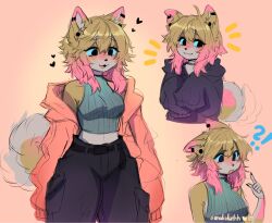 anakoluth anthro belly big_breasts blonde_female blonde_hair blonde_hair blush blush breasts canine choker clothed clothing dog_girl female fluffy_tail furry hoodie pants piercing piercings pointing_at_self sideboob