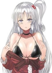 bare_shoulders bikini bikini_under_clothes black_bikini black_choker blush breasts choker cleavage collarbone commentary_request dress female goddess hair_bobbles hair_ornament large_breasts long_hair long_sleeves looking_at_viewer off_shoulder one_side_up parted_lips red_dress shinki_(touhou) silver_hair simple_background solo swimsuit touhou touhou_(pc-98) undressing upper_body very_long_hair white_background y2