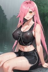 1girls ai_generated areola areolae areolae_visible_through_clothing big_breasts blush breasts exhibitionism long_hair looking_at_viewer neneefthy nipples nipples_visible_through_clothing outdoors park pink_hair public public_nudity rain solo_female tagme thighs translucent_clothing transparent_clothing tupadrev4 virtual_youtuber vtuber wet_clothes yellow_eyes