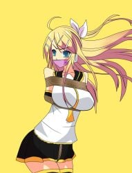 1girls adult_female black_skirt blonde_hair blue_eyes bondage breast_bondage breasts damsel_in_distress female female_only gagged kagamine_rin kagamine_rin_(future_style) long_hair skirt solo solo_female tied_up vocaloid