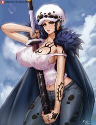 1girls bare_arms bare_shoulders big_breasts black_hair canon_genderswap cape clothed clothing color female female_focus female_only genderswap_(mtf) hat hi_res kyopink large_breasts light-skinned_female light_skin looking_at_viewer one_piece rule_63 short_hair shounen_jump solo solo_female sword tagme tattoos thick_thighs trafalgar_law trafalgar_law_(female) wet wet_shirt yellow_eyes