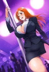 ai_generated alternate_costume blazer bleach bleach:_the_thousand-year_blood_war bodily_fluids brzezy busty cleavage dollar_bills embarrassed exotic_dancer formal_clothes holding_object holding_pole hourglass_figure inoue_orihime long_hair money money_between_breasts nai_diffusion nightclub office_lady oppai orange_hair pole pole_dancer pole_dancing shirt show shy skirt smile stable_diffusion standing strip_club stripper stripper_pole sweat sweatdrop very_long_hair