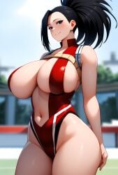 ai_due ai_generated bare_legs big_thighs black_eyes black_hair breasts_bigger_than_head curvaceous curvy_female gigantic_breasts hero_outfit_(mha) huge_breasts momo_yaoyorozu my_hero_academia ponytail shounen_jump thick_thighs voluptuous voluptuous_female