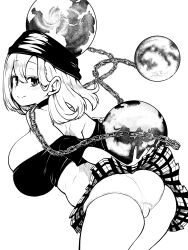 absurdres ass breasts chains closed_mouth commentary_request earth_(ornament) female hecatia_lapislazuli high_contrast highres himajin_noizu huge_breasts looking_at_viewer medium_hair monochrome moon_(ornament) off-shoulder_shirt off_shoulder panties plaid plaid_skirt shirt simple_background skindentation skirt smile solo touhou underwear white_background