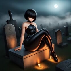 1boy ai_generated black_bodysuit black_choker black_clothing black_hair bob_cut bodysuit candle candles cemetery choker clothed clothing corey_(purple_letter) crossed_legs femboy flat_chest fog foggy frosting.ai fully_clothed goth graveyard huge_breasts huge_thighs moon night oc original original_character purple_letter sitting solo solo_focus thick_thighs thighs wide_hips