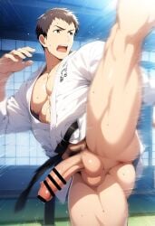 1boy ai_generated anus ass bottomless brown_hair dojo hatopo005 high_kick idolmaster idolmaster_side-m karate karate_gi leg_up male_focus male_only penis robe shingen_seiji solo sportswear